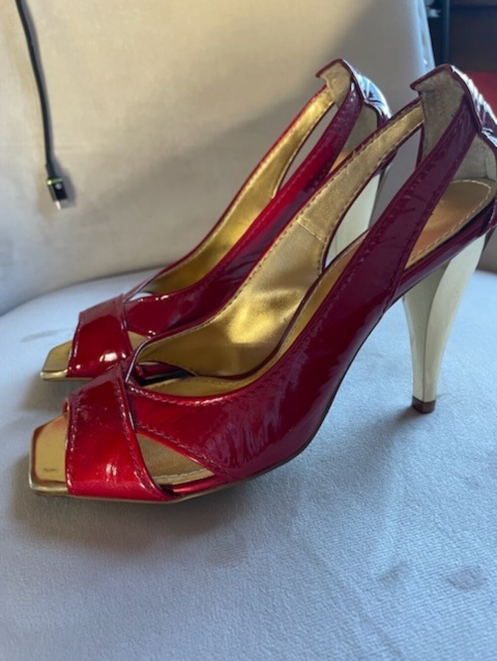 Linea Paolo Red Patent Peep-Toe Platform Heels - Picture 2 of 4